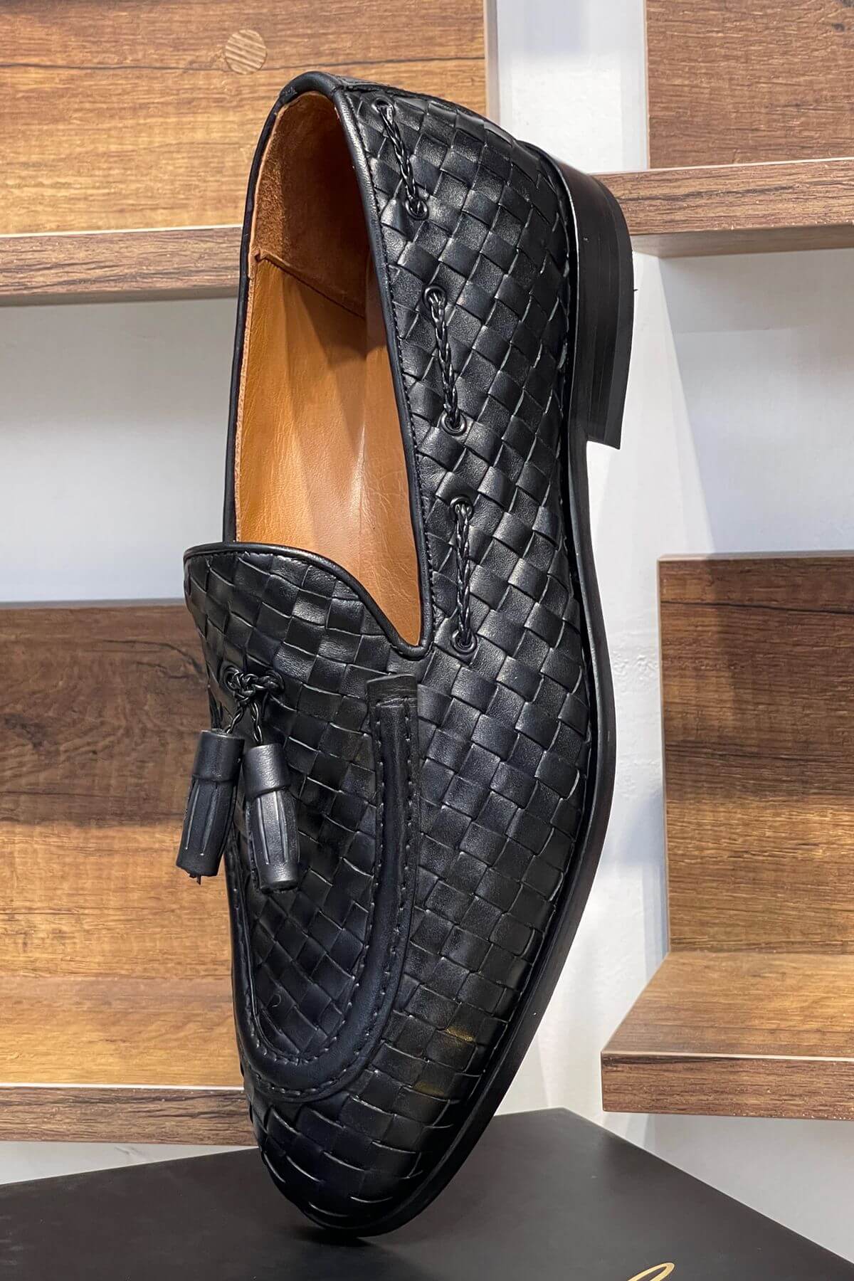 Handcrafted Woven Leather Tasseled Loafers in Black