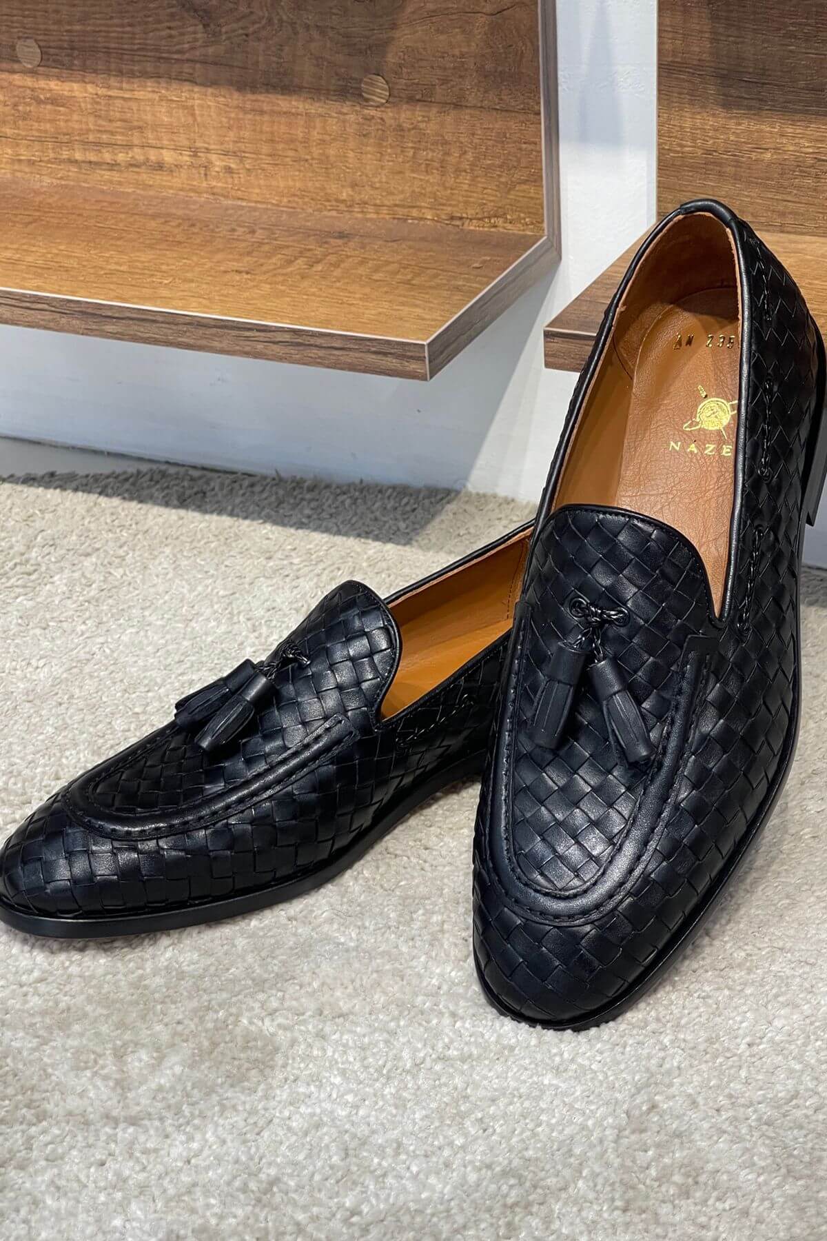 Handcrafted Woven Leather Tasseled Loafers in Black