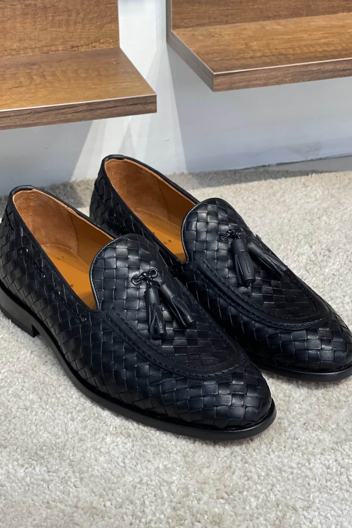 Handcrafted Woven Leather Tasseled Loafers in Black