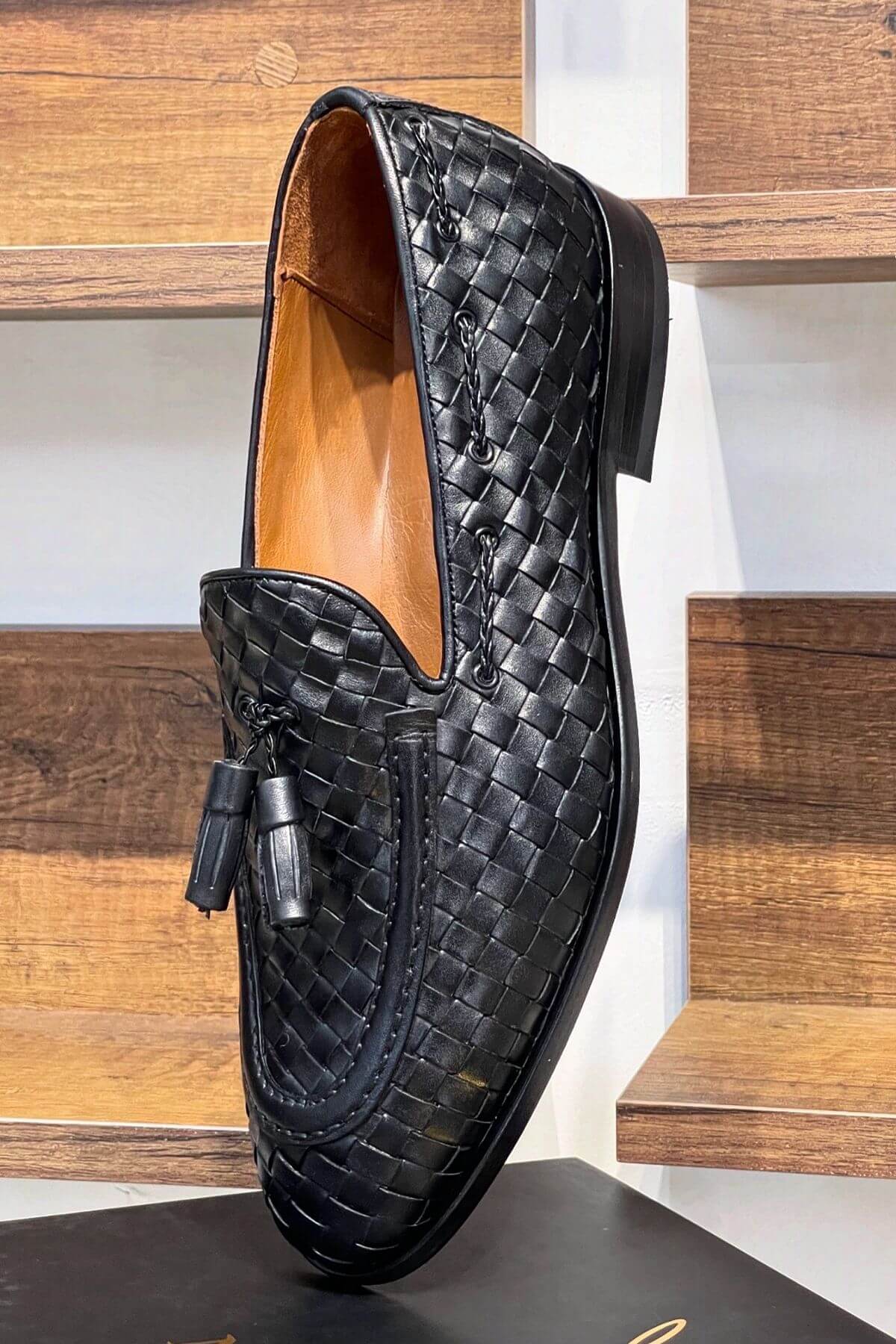 Handcrafted Woven Leather Tasseled Loafers in Black