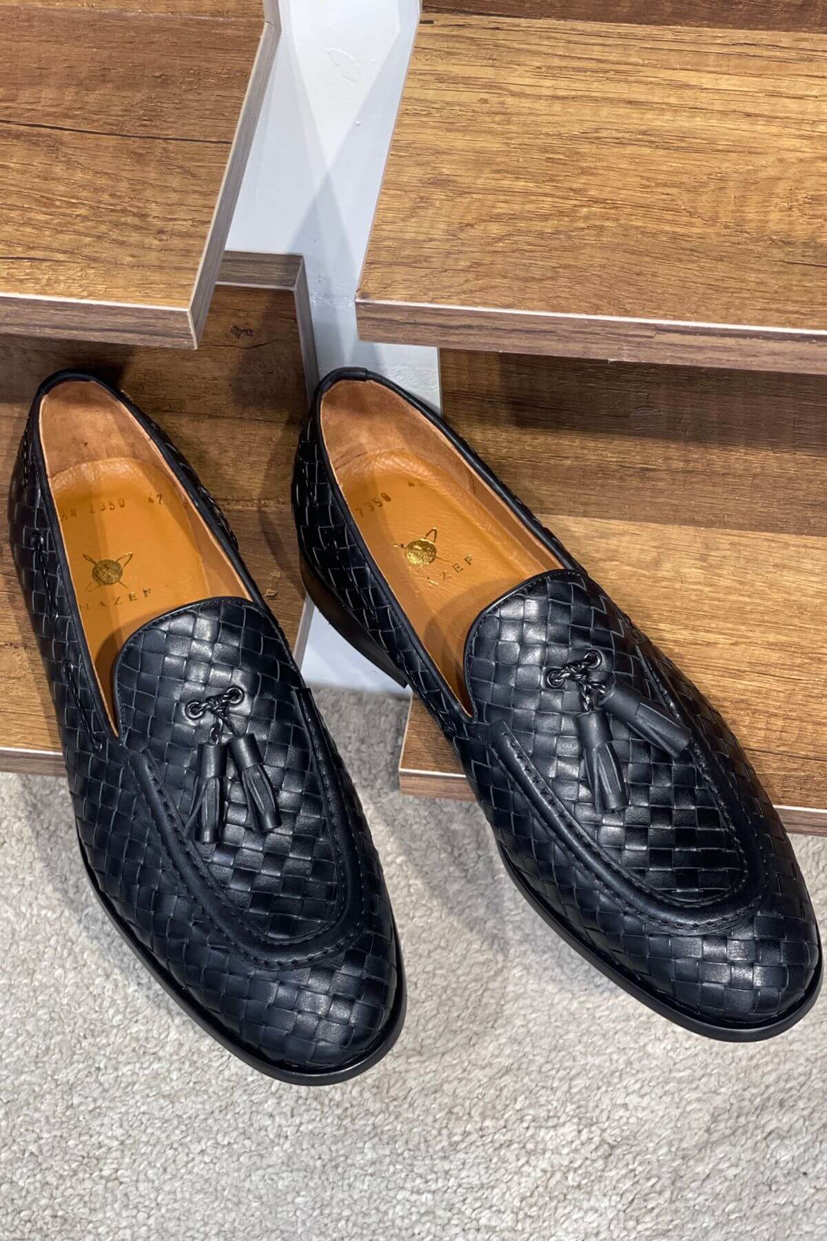 Handcrafted Woven Leather Tasseled Loafers in Black