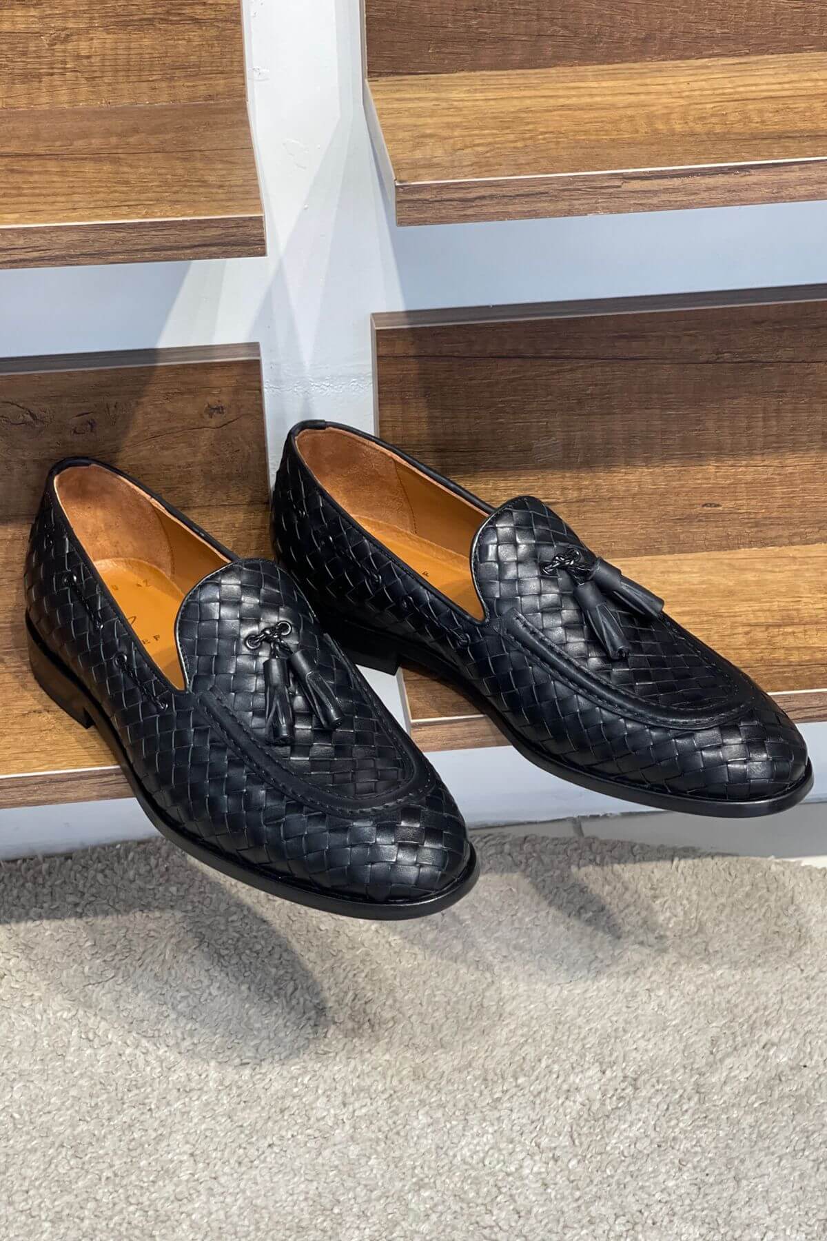Handcrafted Woven Leather Tasseled Loafers in Black