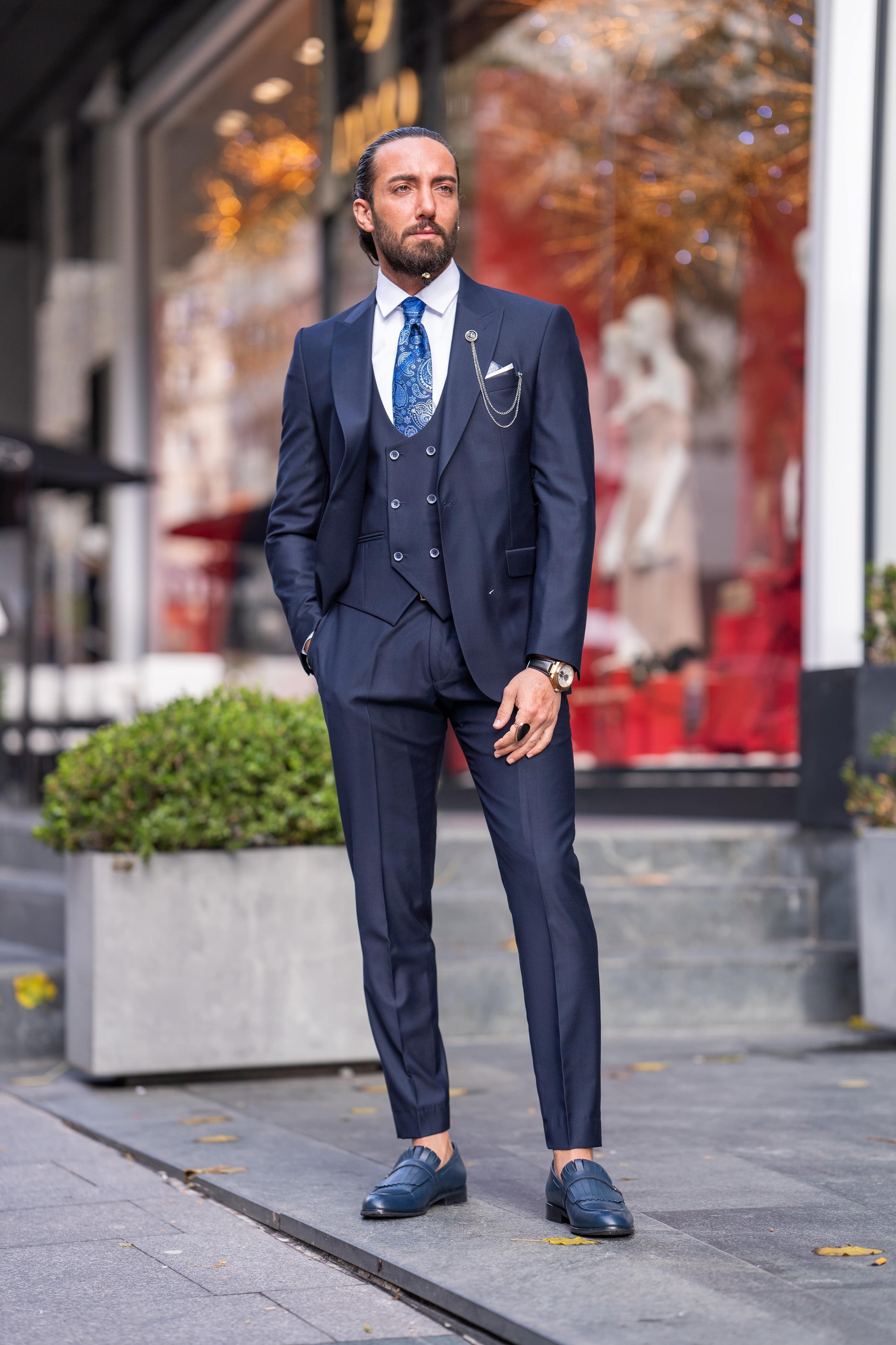 Navy Blue Slim Fit 3-Piece Suit – SUITHARBOR - Main Image
