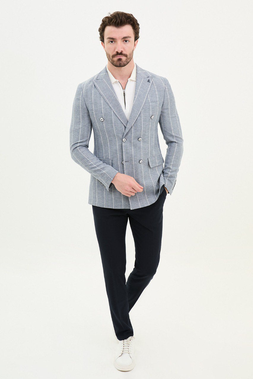 Ice Blue Pinstripe Double-Breasted Blazer.