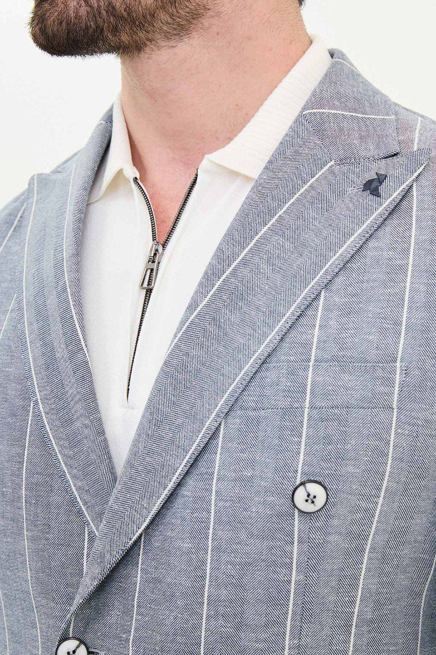 Ice Blue Pinstripe Double-Breasted Blazer.