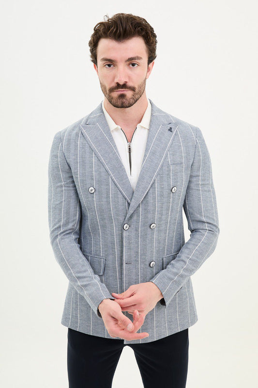 Ice Blue Pinstripe Double-Breasted Blazer.