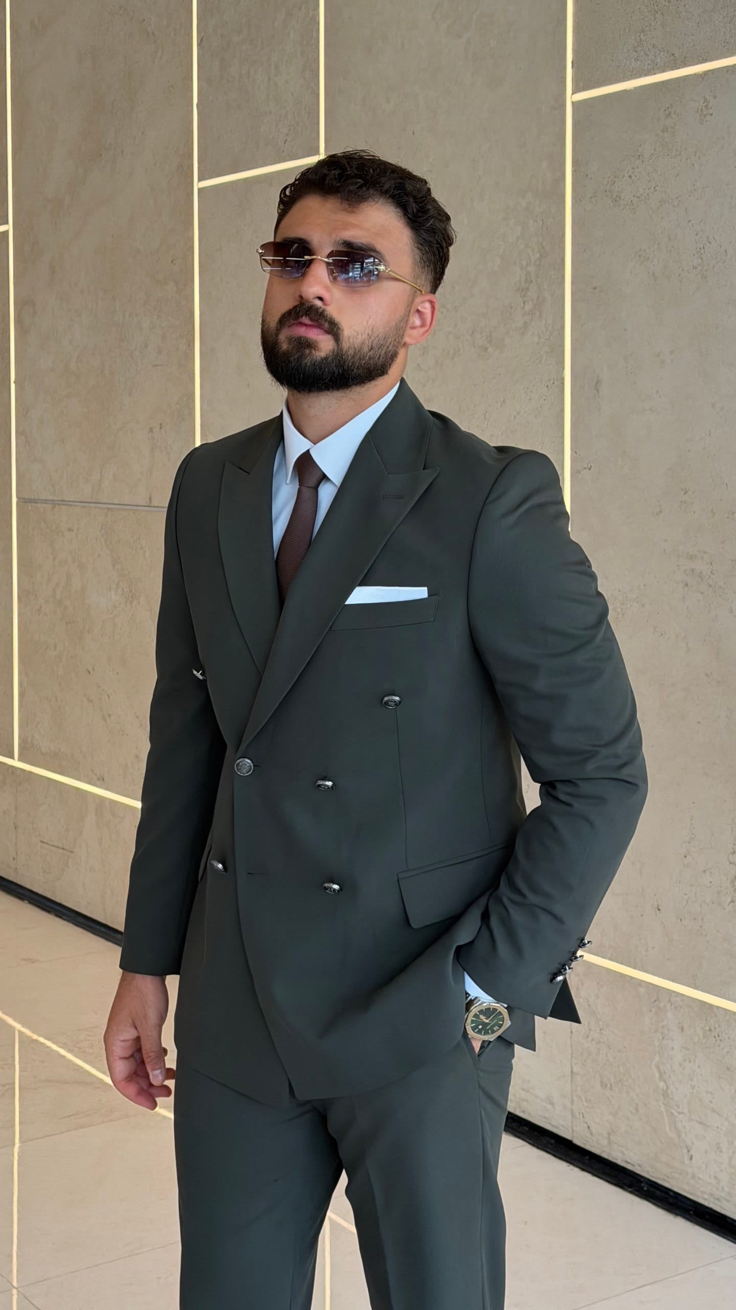 Full-length khaki wedding suit with matching trousers