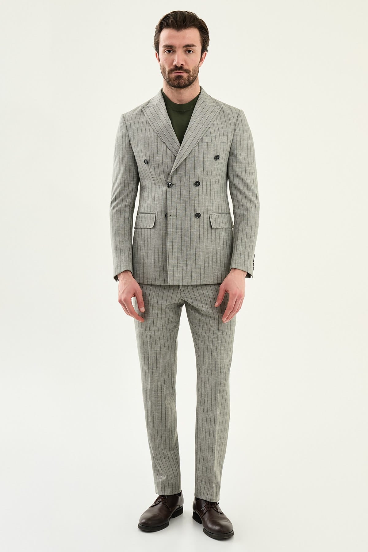 Khaki Slim Fit Double Breasted Pinstripe Blazer Suit