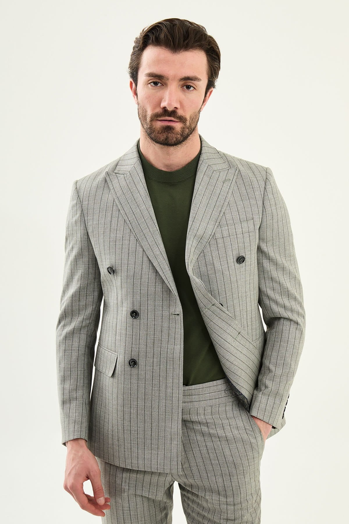 Khaki Slim Fit Double Breasted Pinstripe Blazer Suit