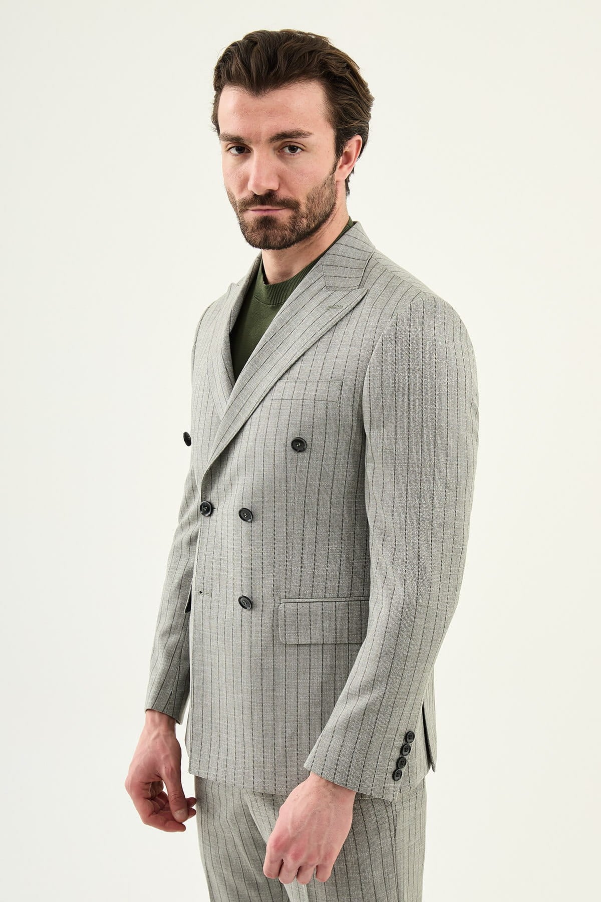 Khaki Slim Fit Double Breasted Pinstripe Blazer Suit