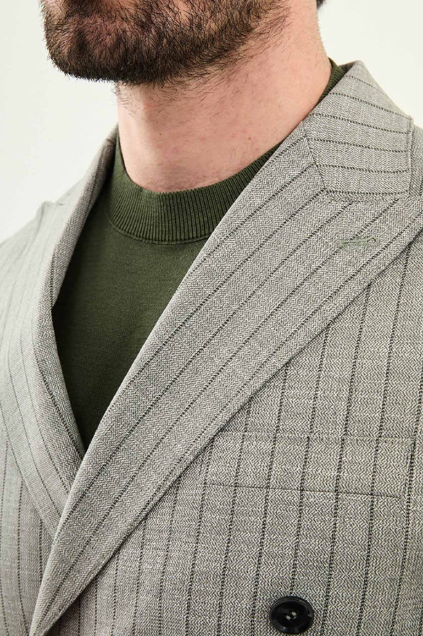 Khaki Slim Fit Double Breasted Pinstripe Blazer Suit