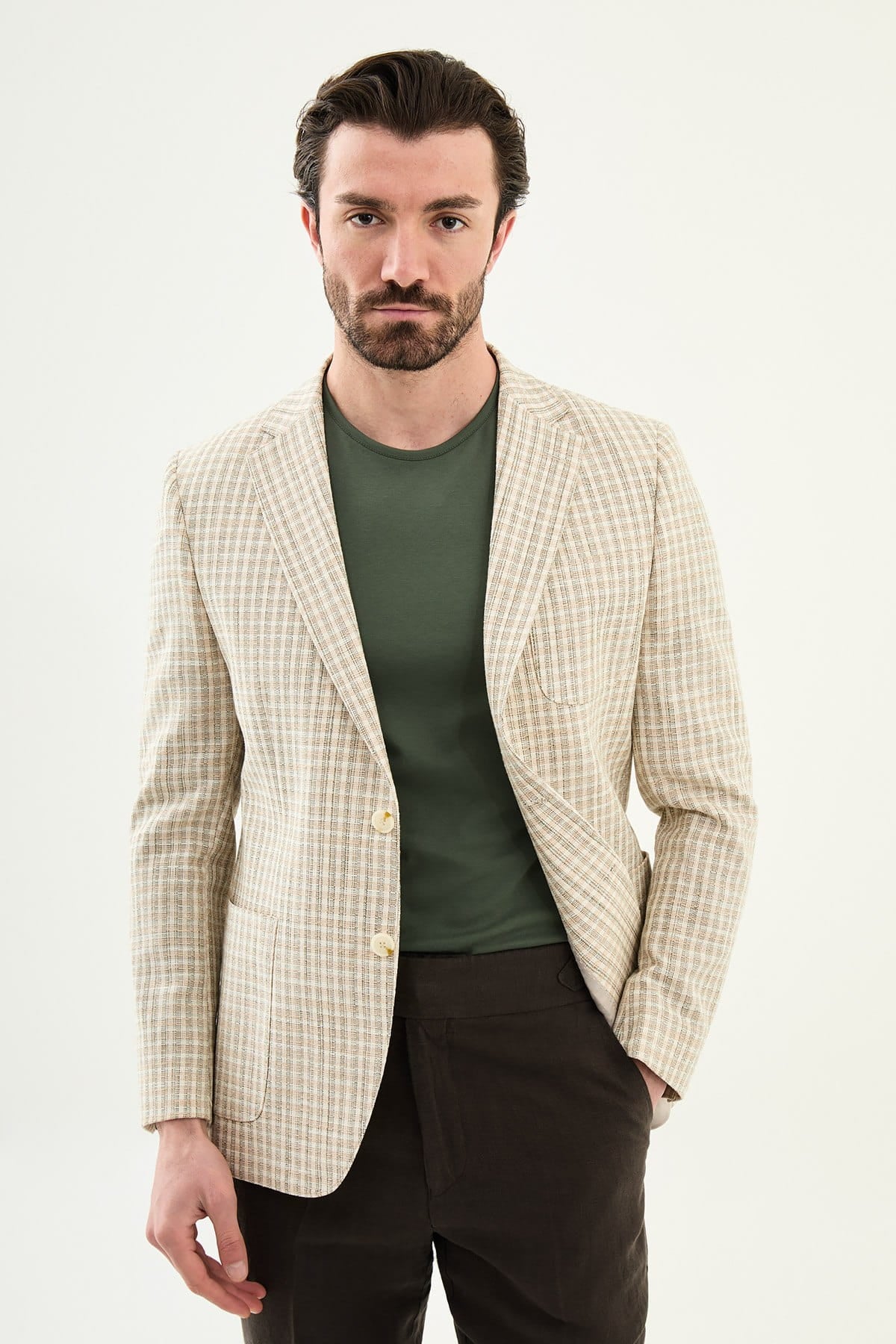 Khaki Slim Fit Plaid Blazer — Summer Weddings
