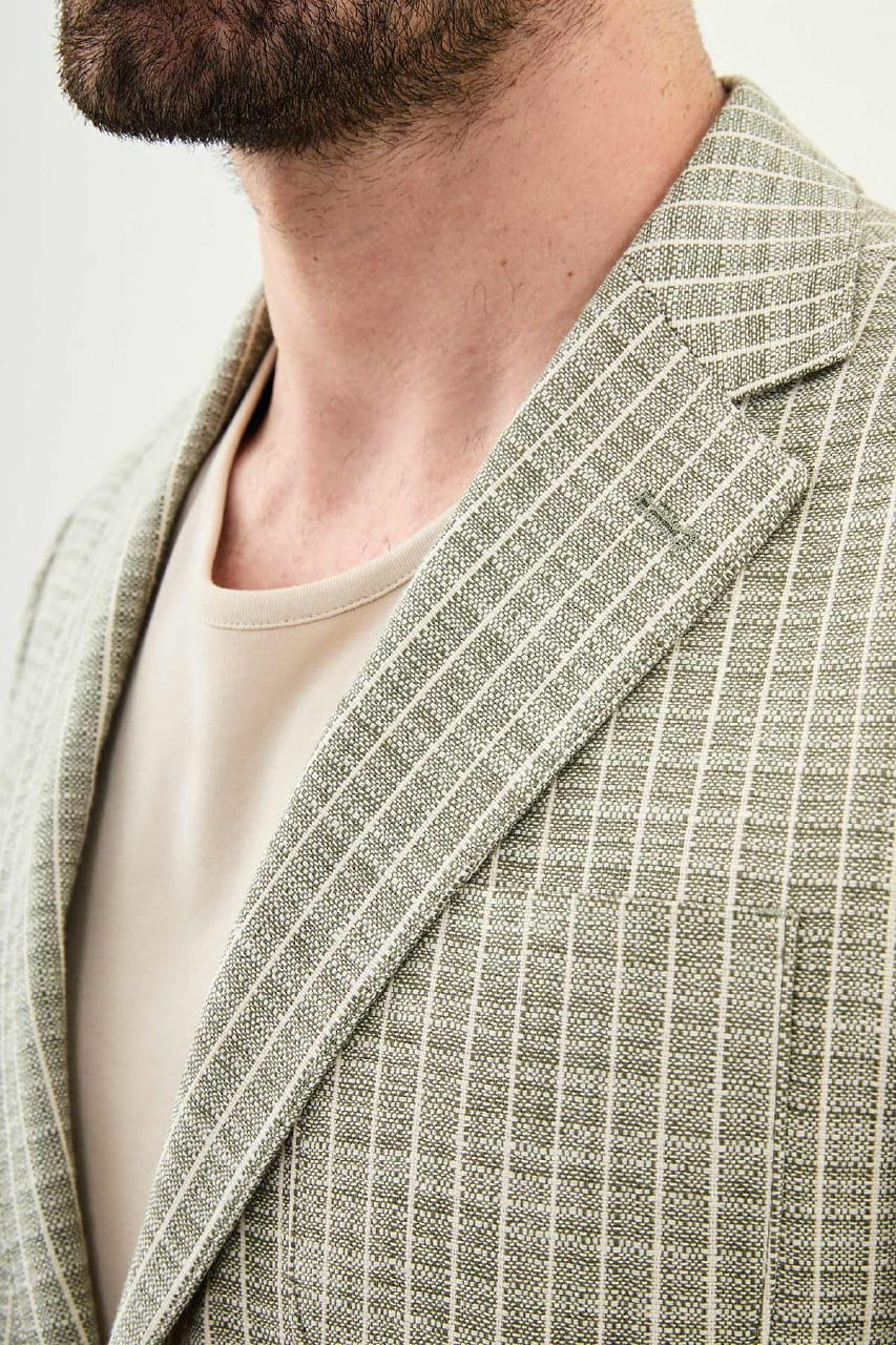 Khaki Slim Fit Linen Blend Windowpane Summer Blazer
