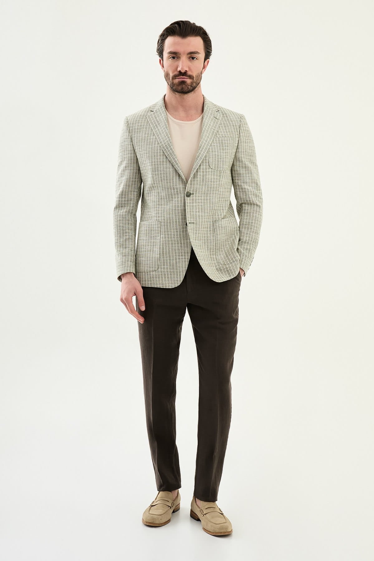 Khaki Slim Fit Linen Blend Windowpane Summer Blazer