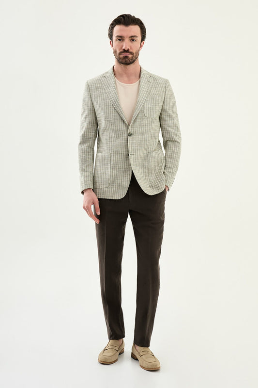 Khaki Slim Fit Linen Blend Windowpane Summer Blazer