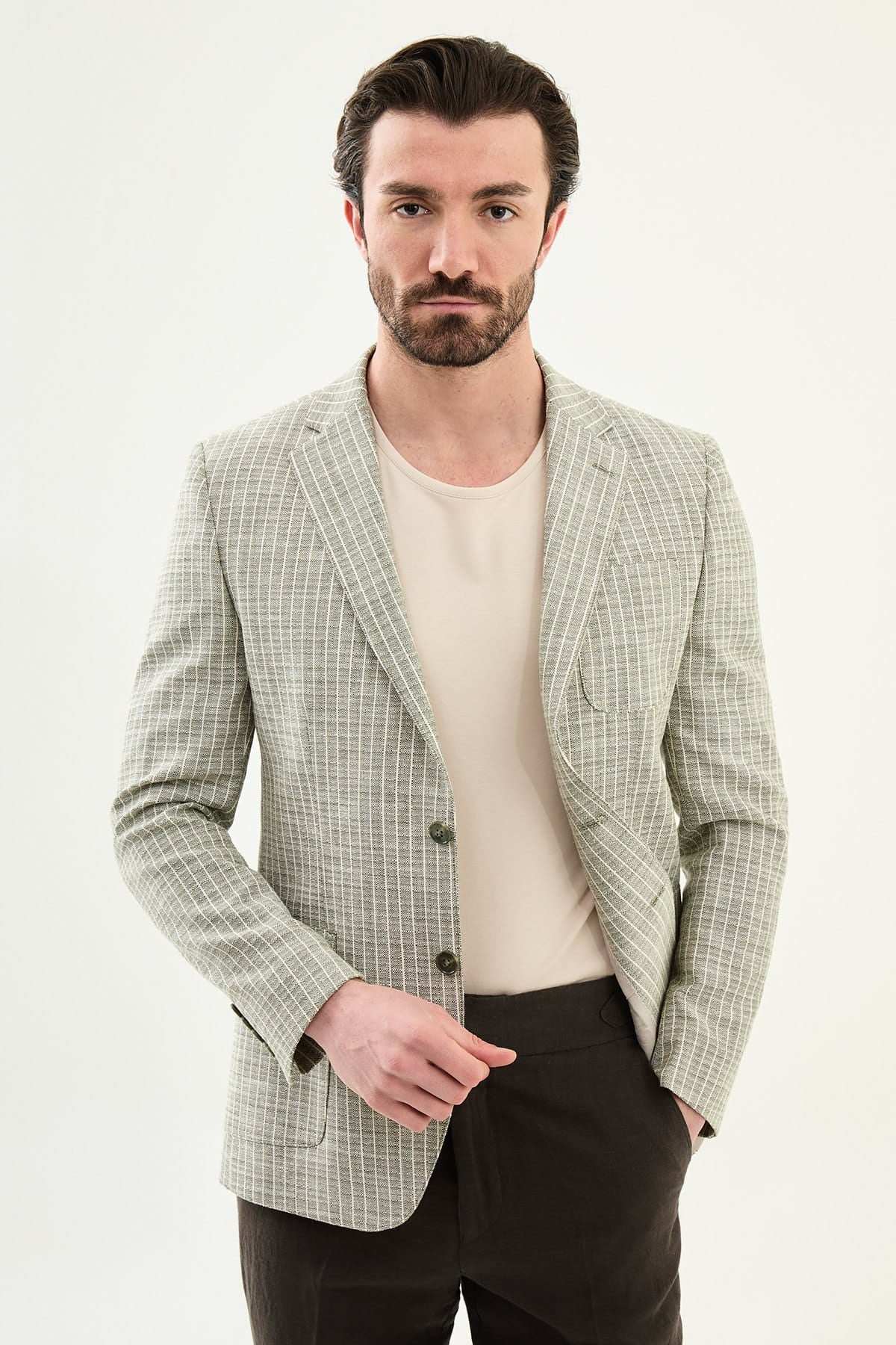 Khaki Slim Fit Linen Blend Windowpane Summer Blazer