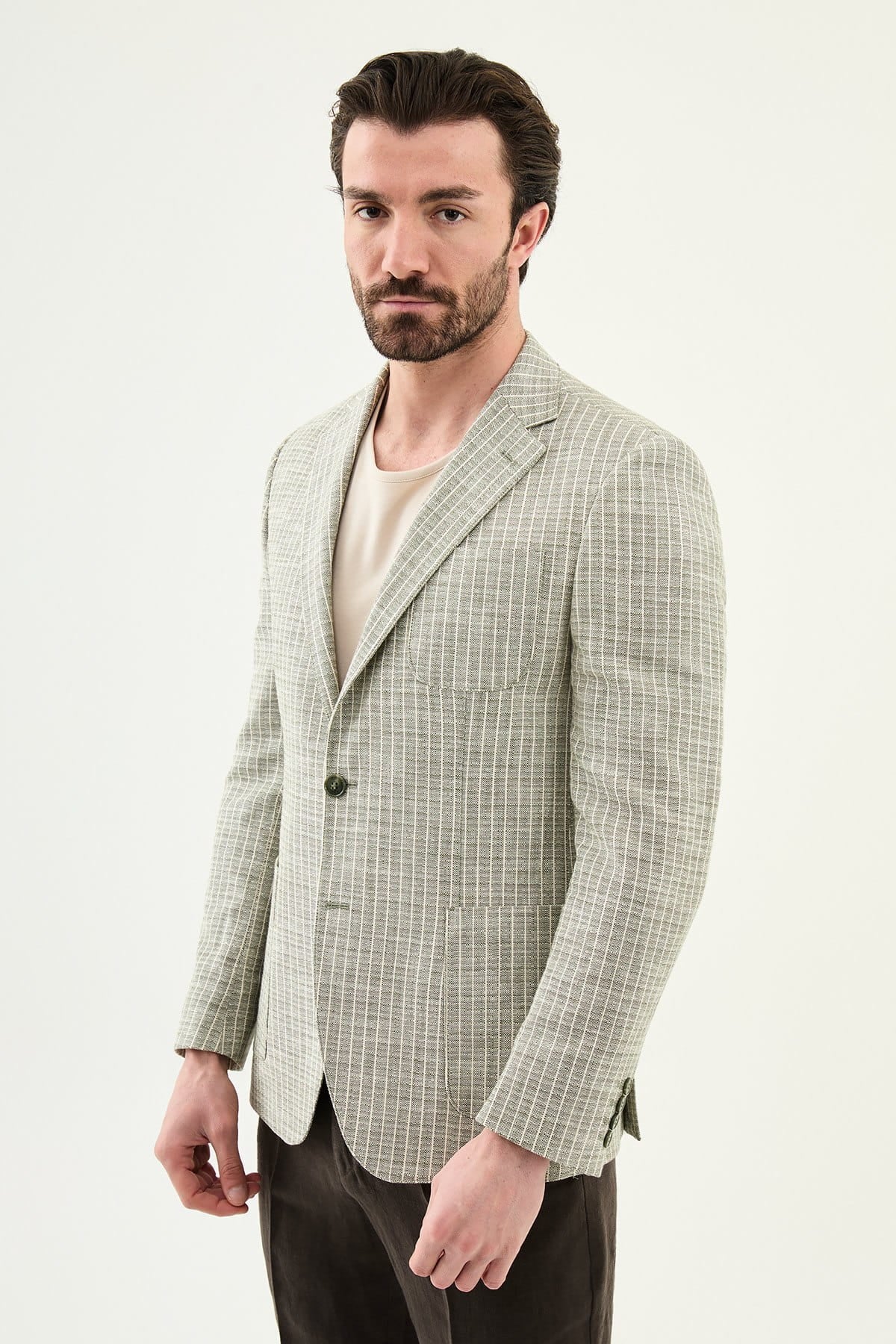 Khaki Slim Fit Linen Blend Windowpane Summer Blazer