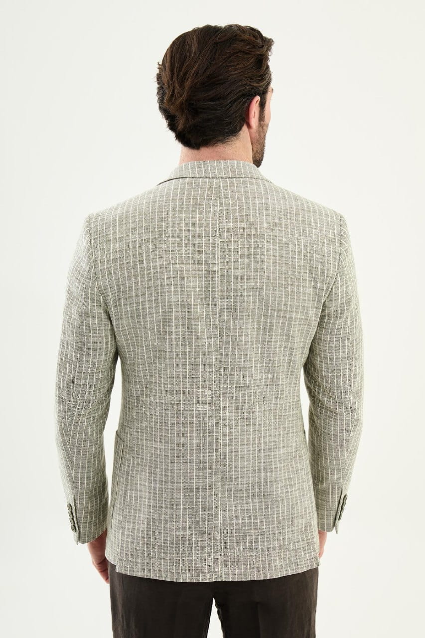 Khaki Slim Fit Linen Blend Windowpane Summer Blazer