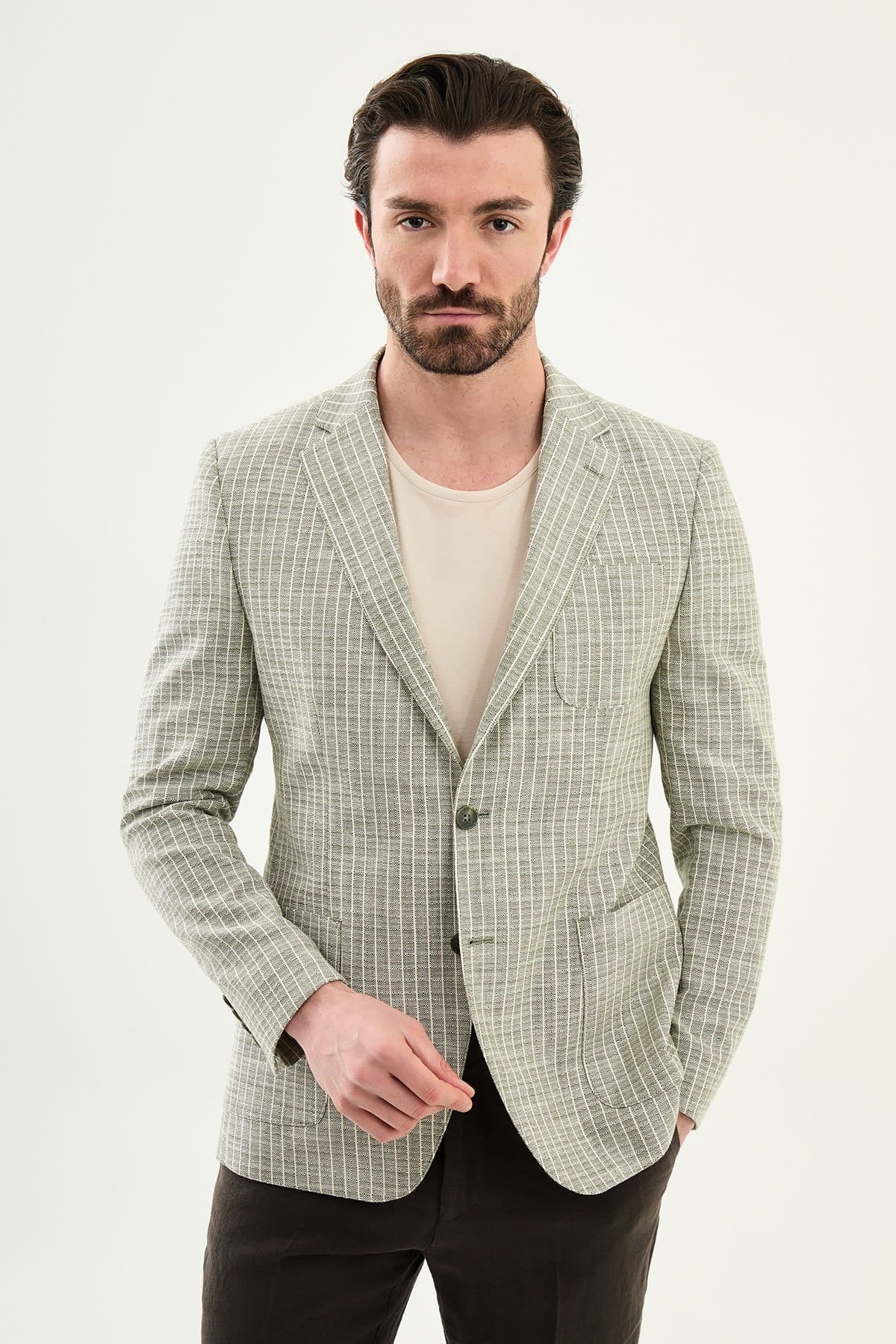 Khaki Slim Fit Linen Blend Windowpane Summer Blazer