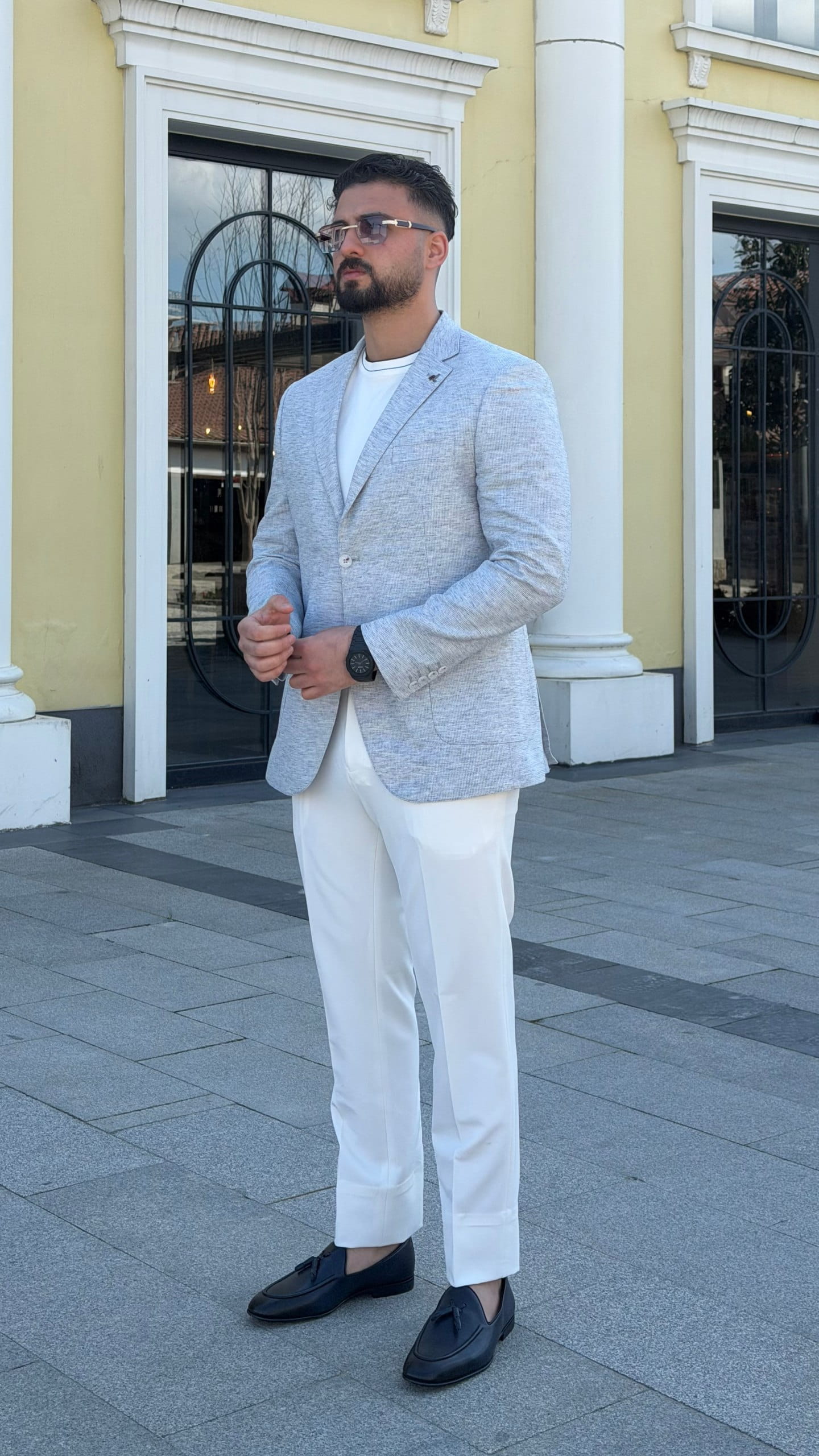 Light Blue Textured Linen Blend Blazer for Men