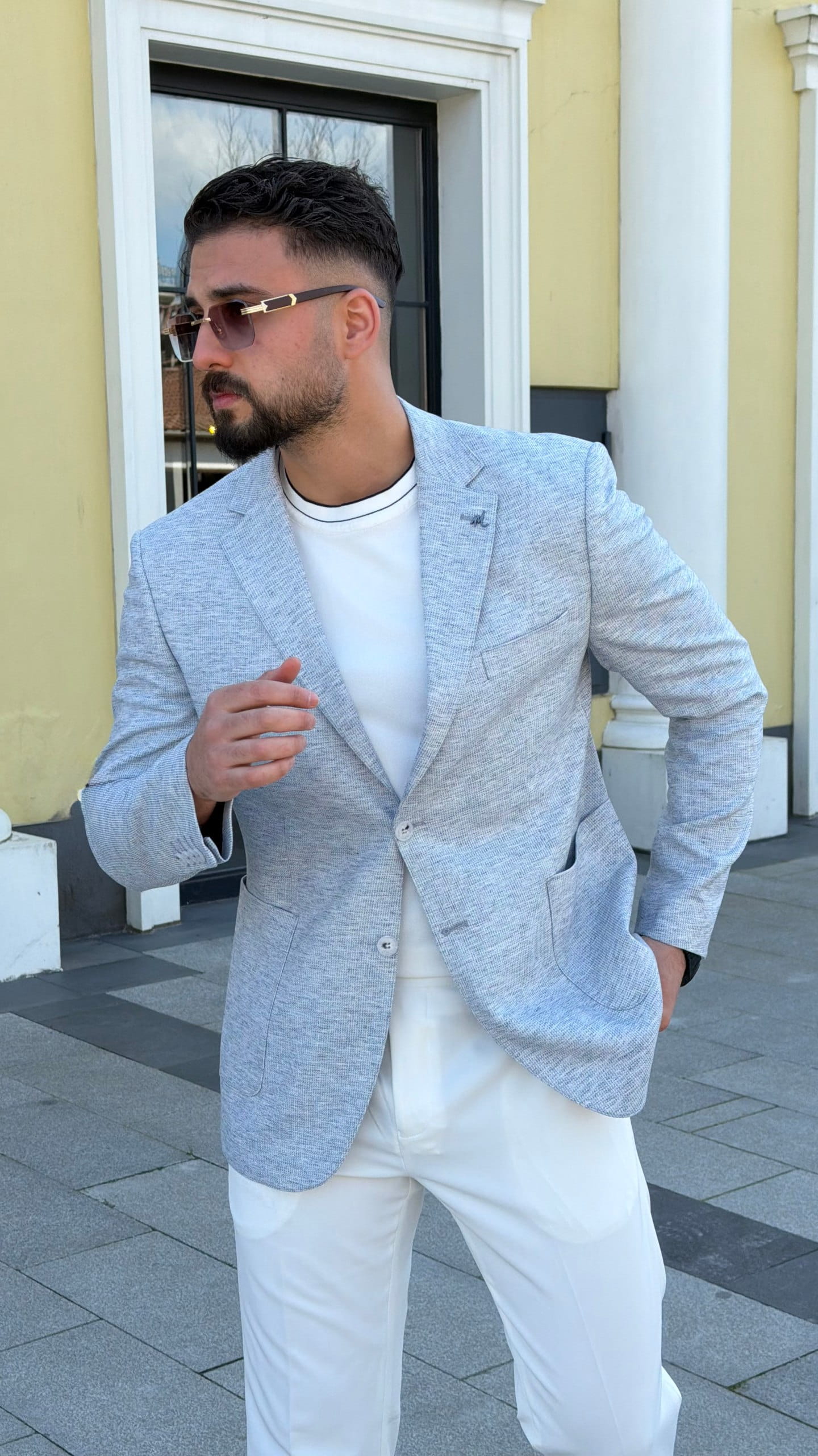 Light Blue Textured Linen Blend Blazer for Men