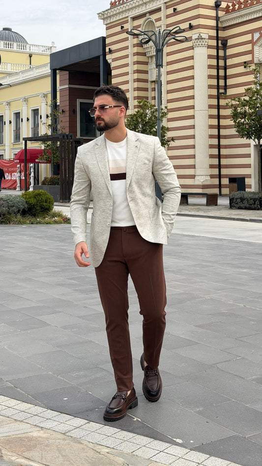 Light Grey Textured Linen Blend Blazer for Men