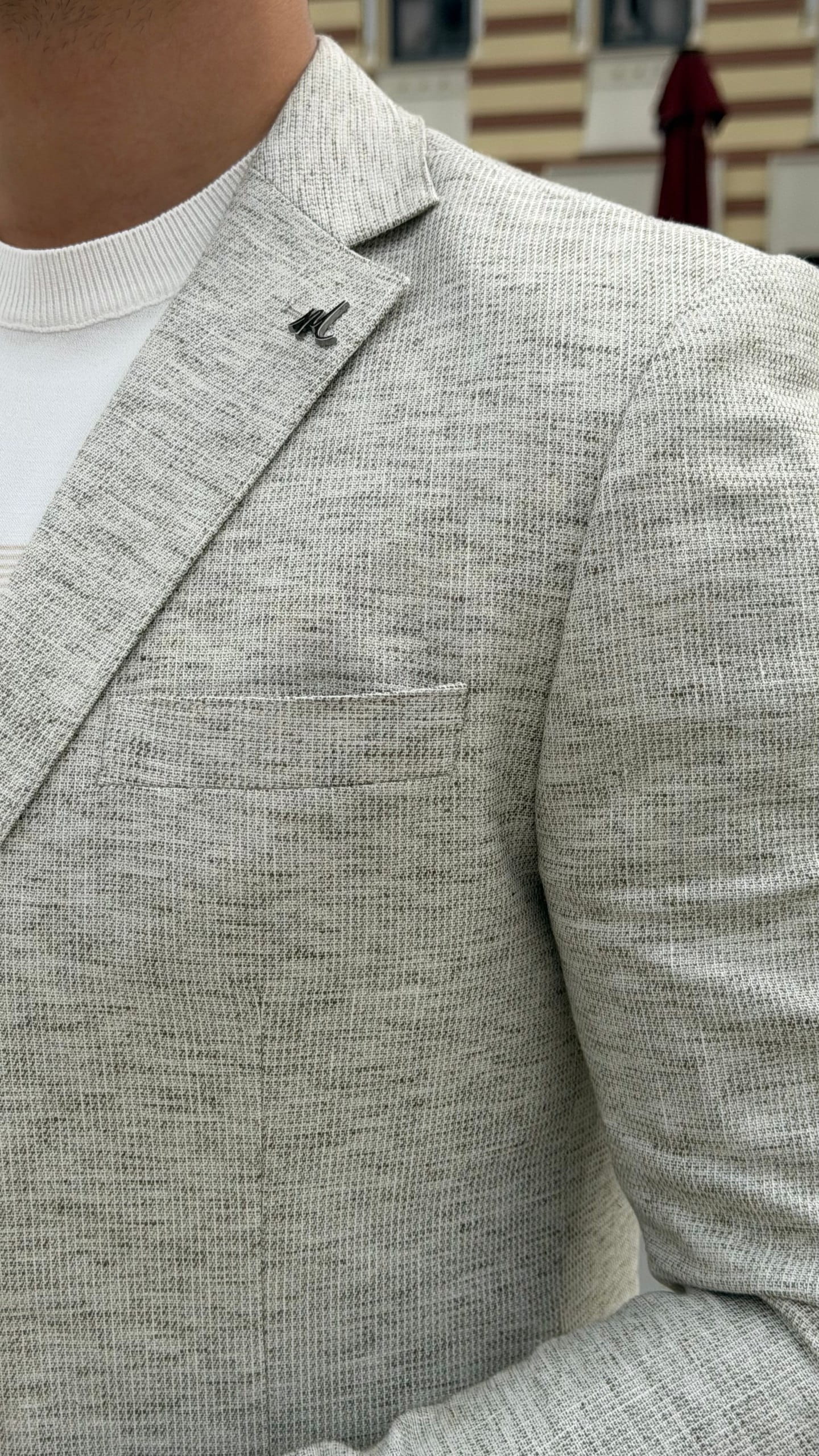 Light Grey Textured Linen Blend Blazer for Men