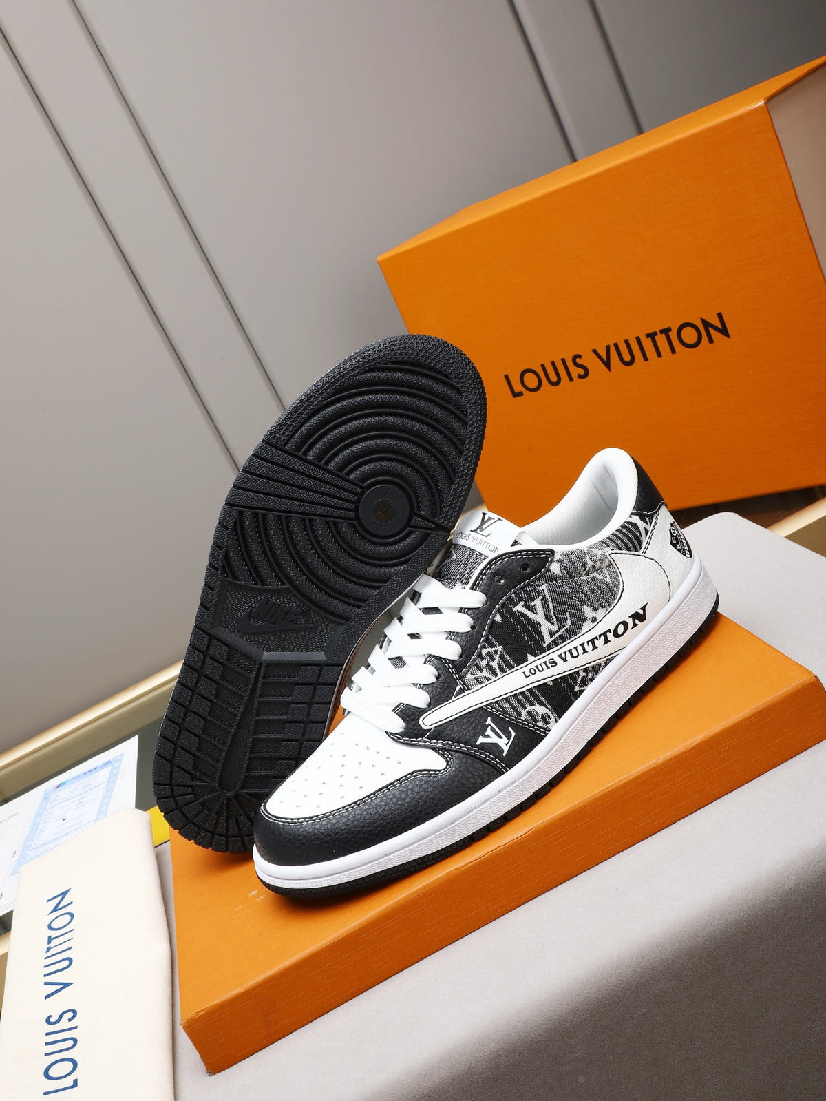 Louis Vuitton Air Jordan 1 Low Black & White Monogram Sneakers