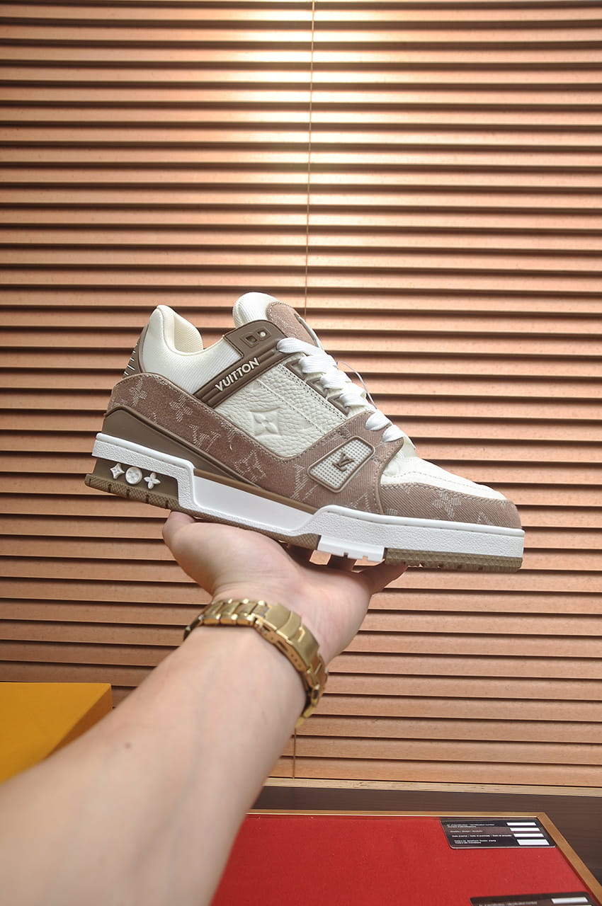 Louis Vuitton LV Trainer Sneakers in Brown and White Monogram Denim