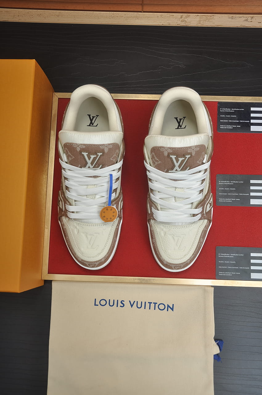 Louis Vuitton LV Trainer Sneakers in Brown and White Monogram Denim