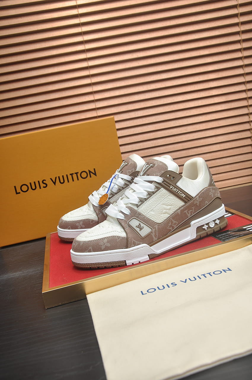 Louis Vuitton LV Trainer Sneakers in Brown and White Monogram Denim