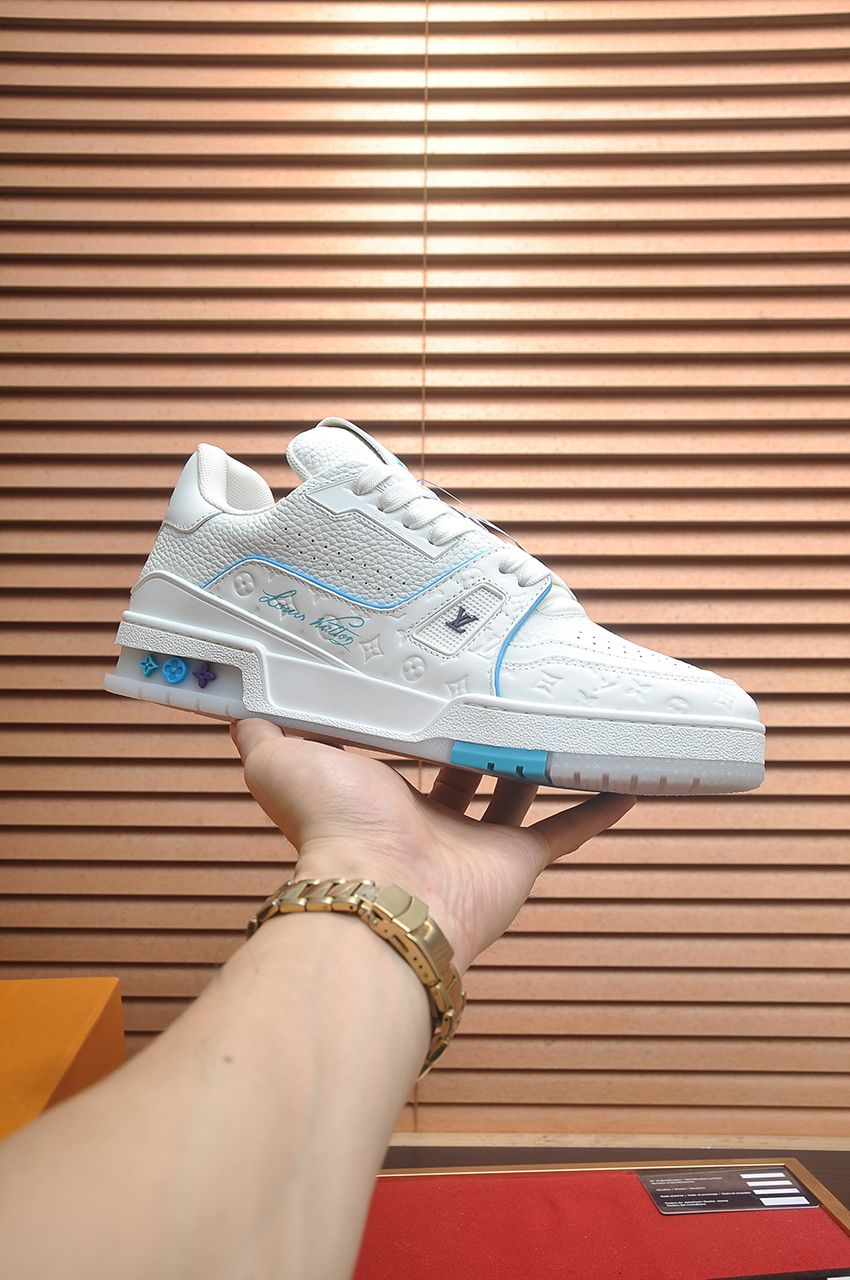 Louis Vuitton LV Trainer Sneakers in White and Turquoise Blue