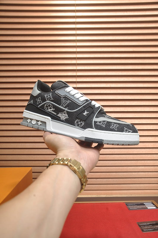 Louis Vuitton Trainer Sneakers in Black Denim and Grey