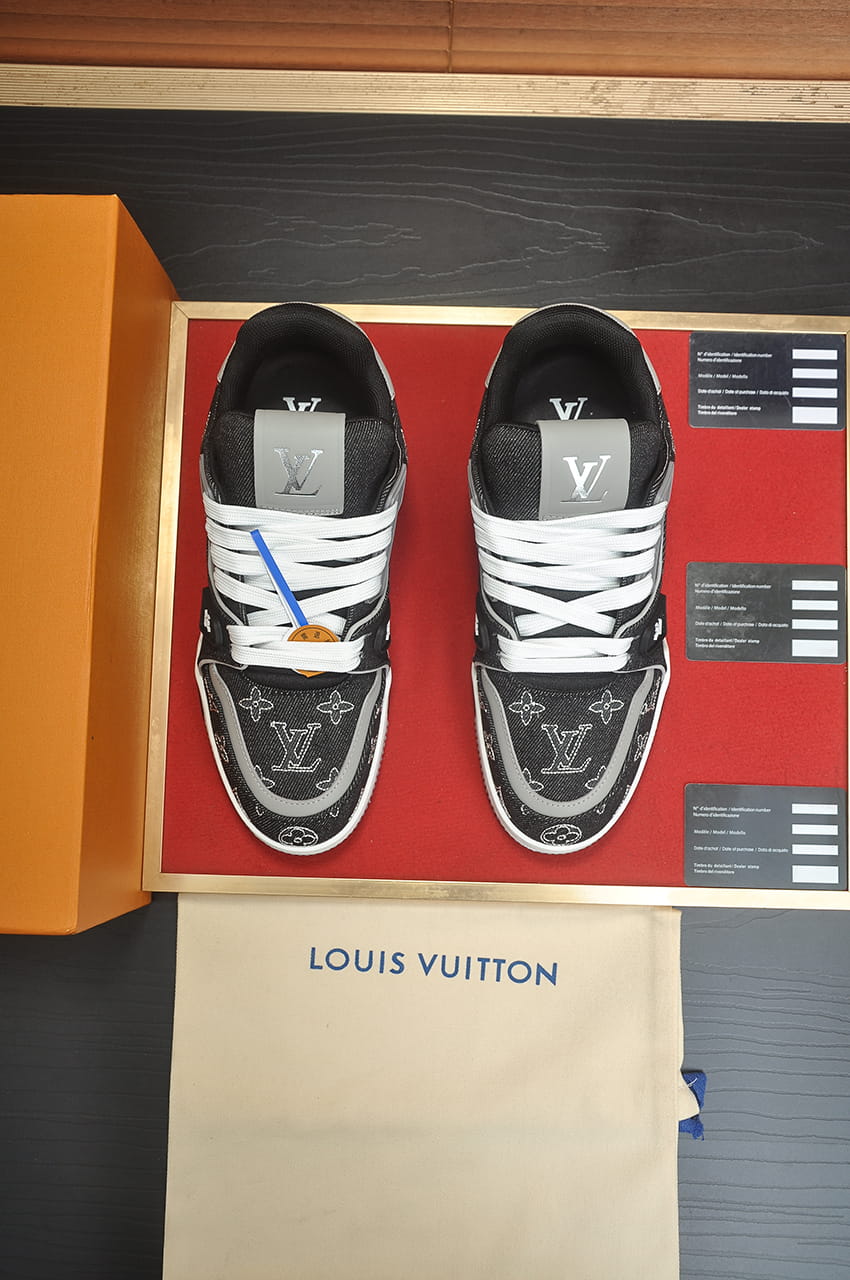 Louis Vuitton Trainer Sneakers in Black Denim and Grey
