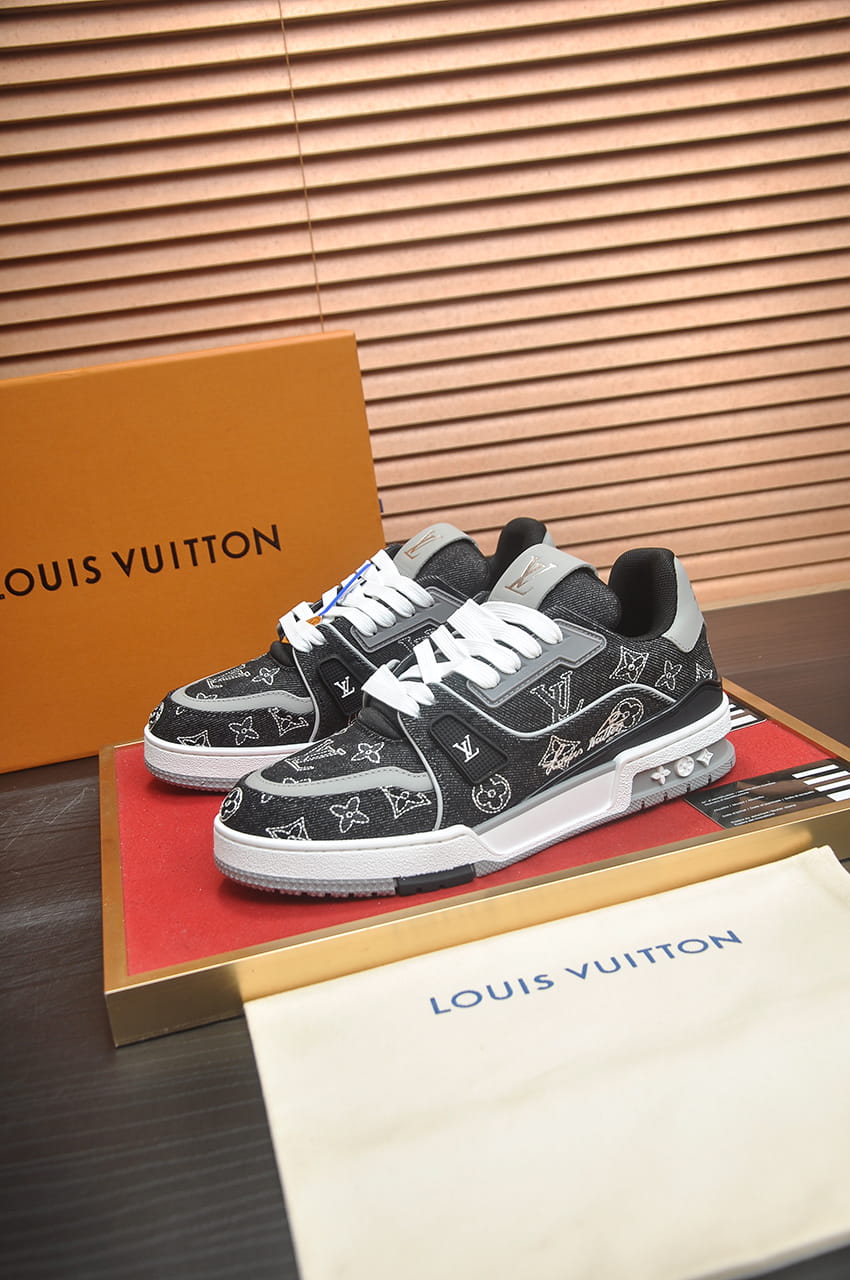 Louis Vuitton Trainer Sneakers in Black Denim and Grey