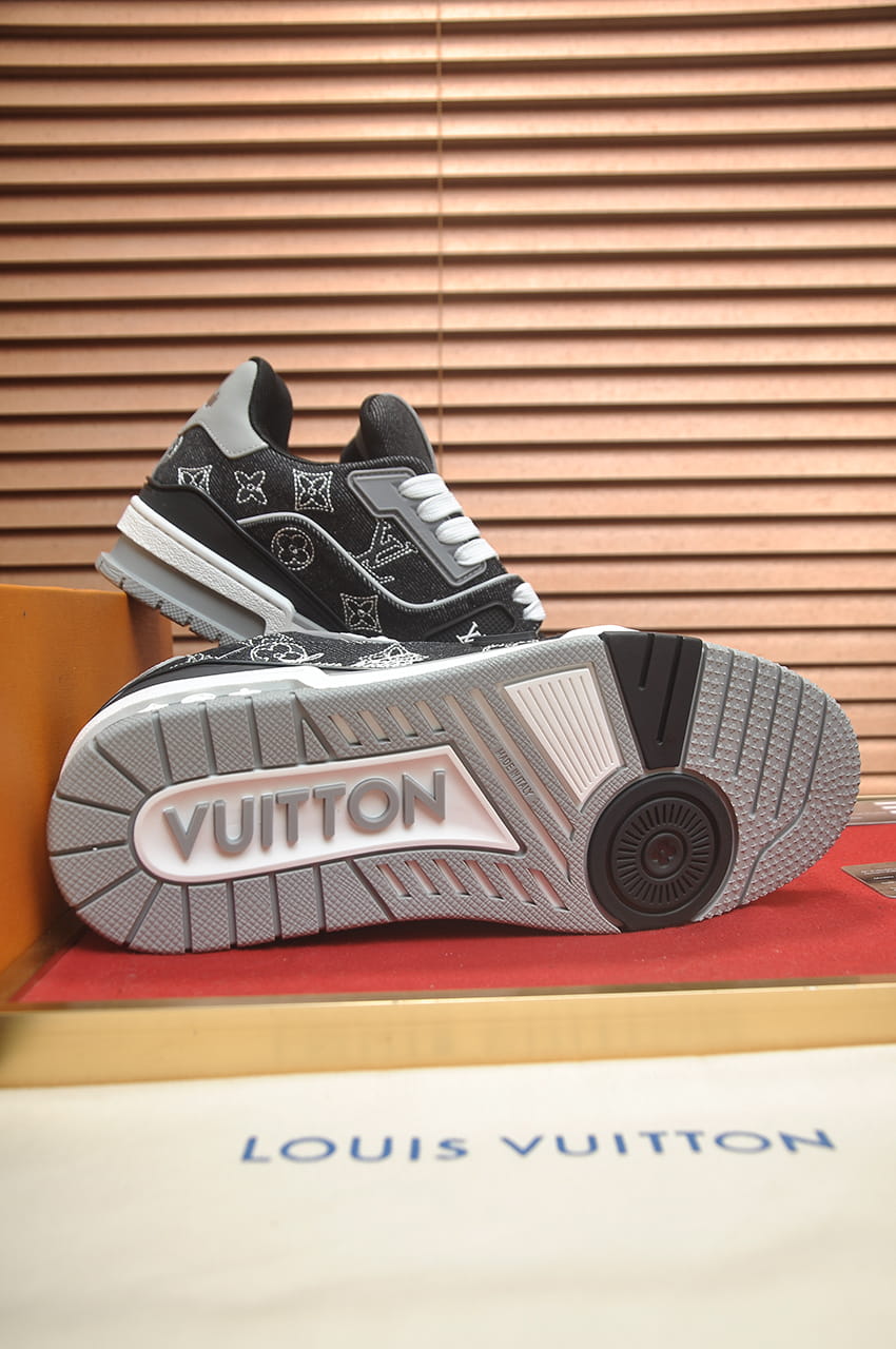 Louis Vuitton Trainer Sneakers in Black Denim and Grey