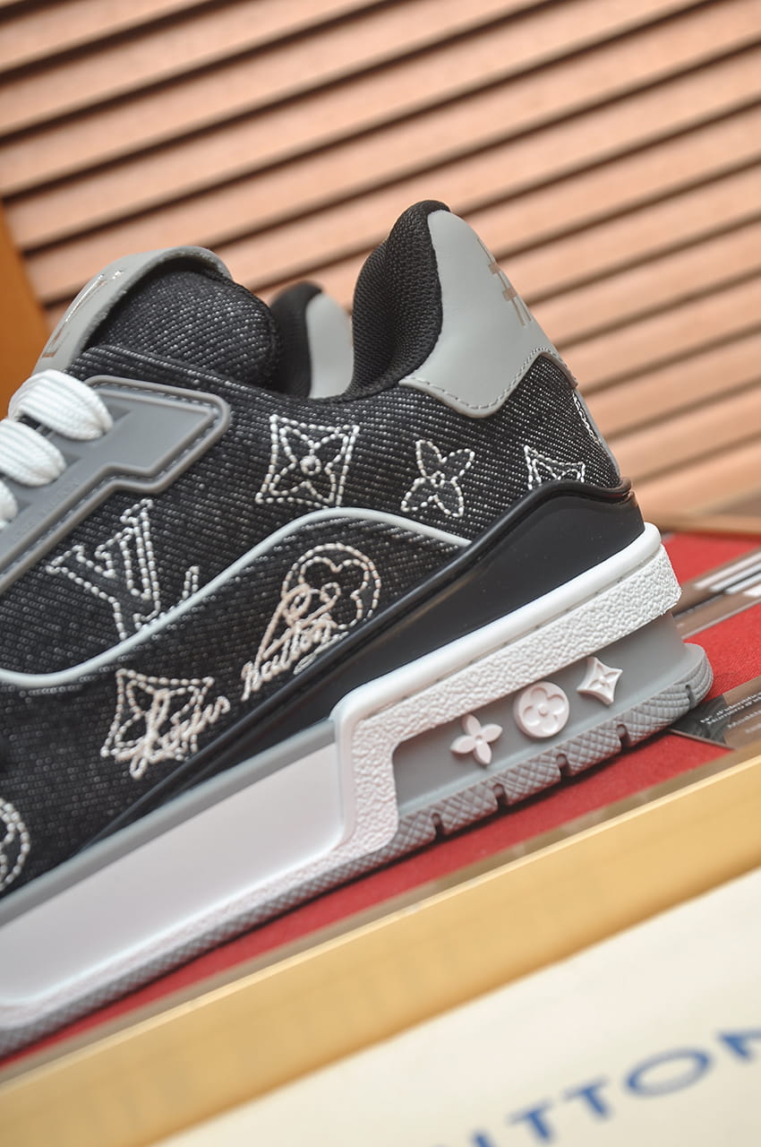 Louis Vuitton Trainer Sneakers in Black Denim and Grey
