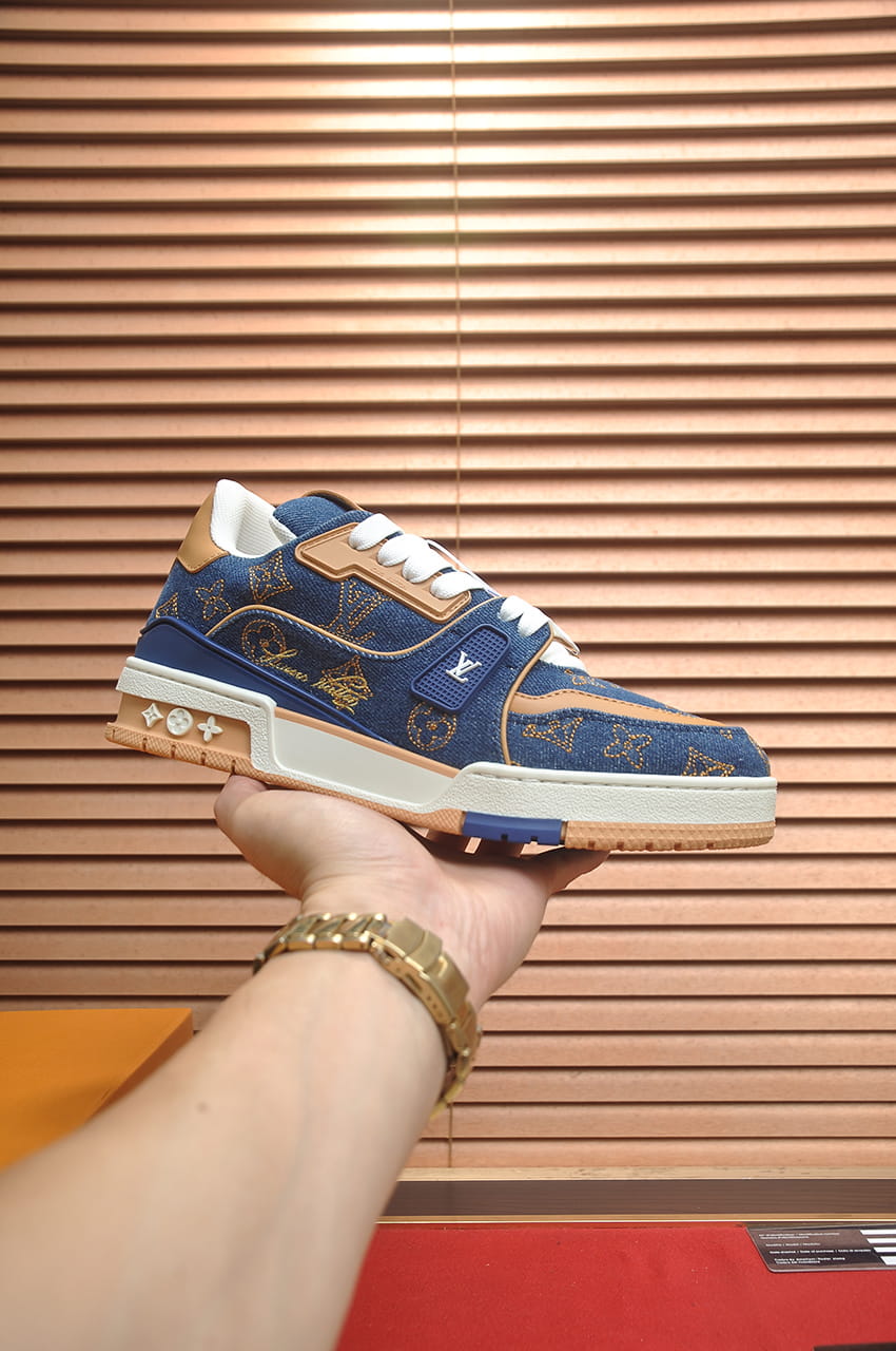 Louis Vuitton Trainer Sneakers in Blue Denim and Tan