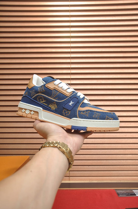 Louis Vuitton Trainer Sneakers in Blue Denim and Tan
