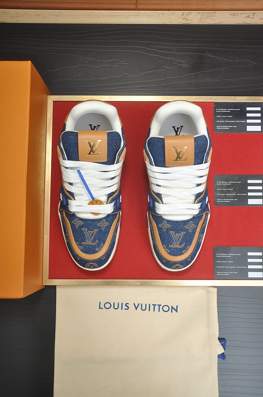 Louis Vuitton Trainer Sneakers in Blue Denim and Tan