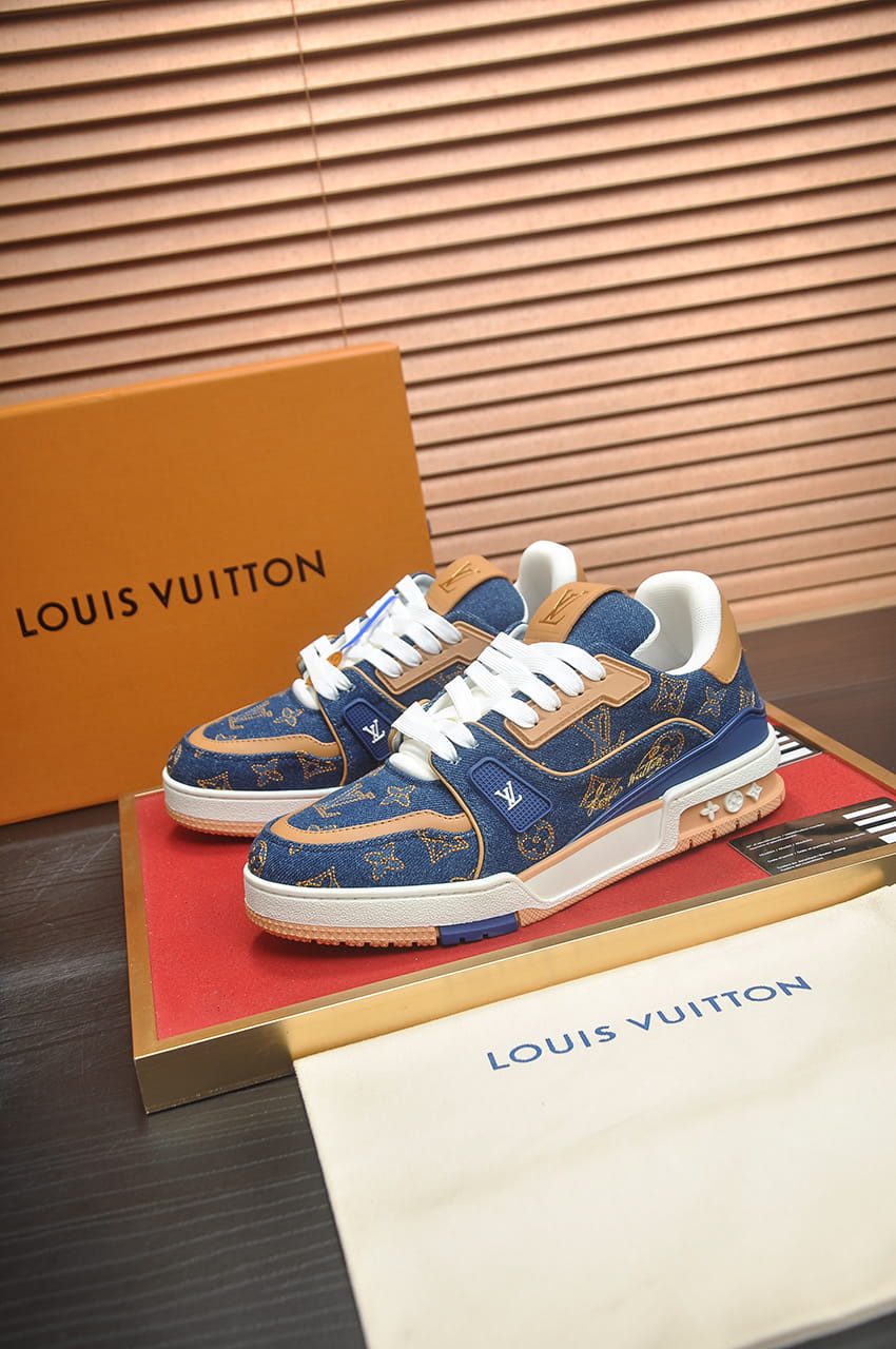 Louis Vuitton Trainer Sneakers in Blue Denim and Tan