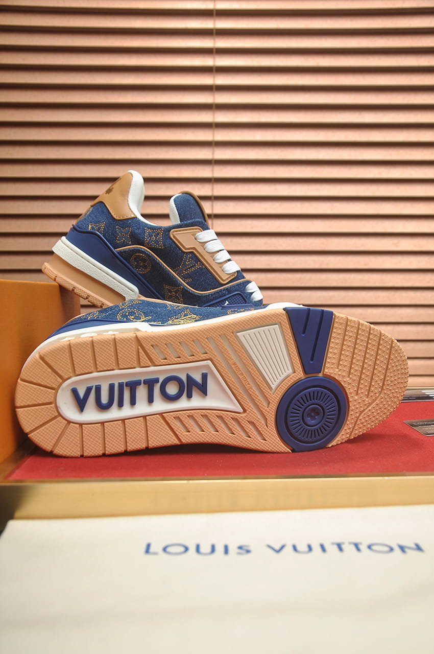 Louis Vuitton Trainer Sneakers in Blue Denim and Tan