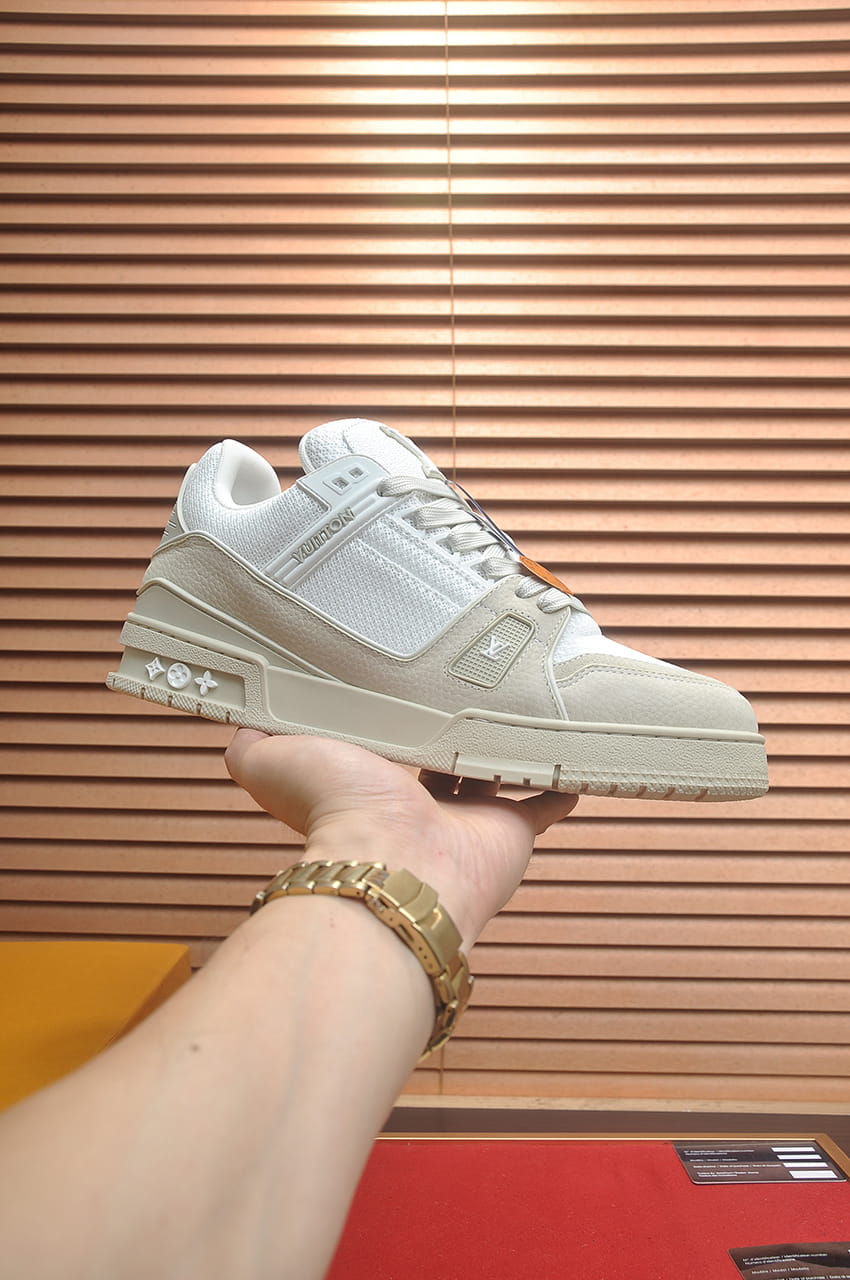 Louis Vuitton Trainer Sneakers in White and Light Grey