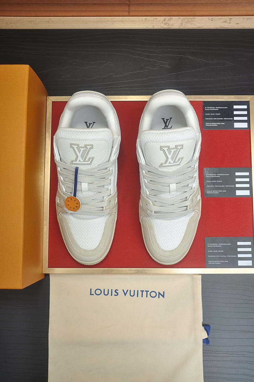 Louis Vuitton Trainer Sneakers in White and Light Grey