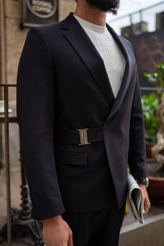 Men’s black slim fit suit with modern side buckle, front view