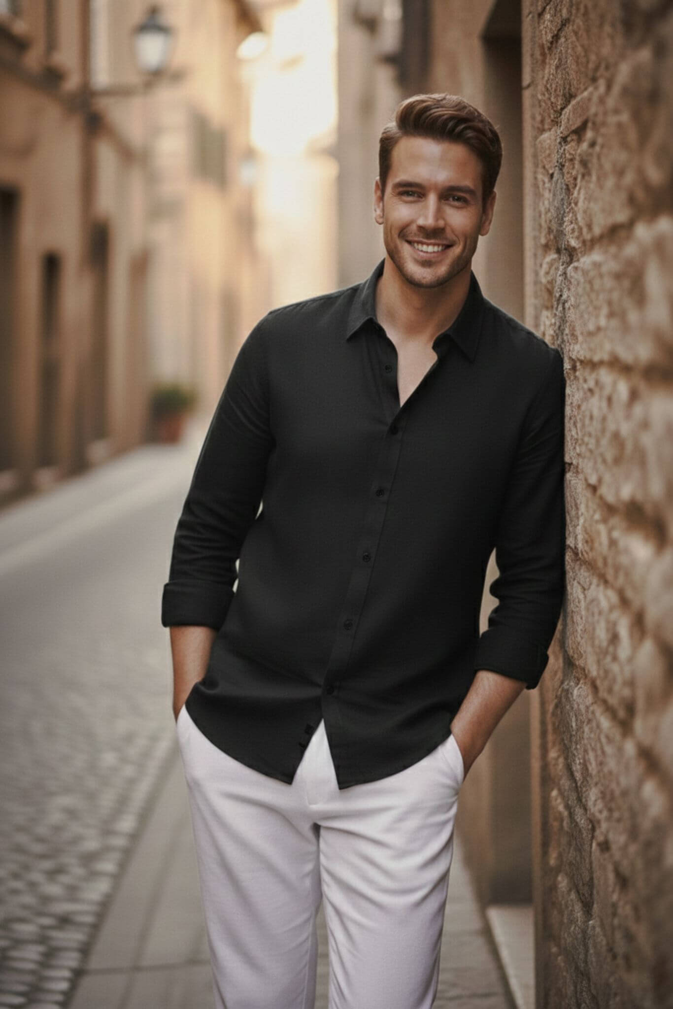 Man in a Men's Black Linen Button-Up Shirt and white pants standing in an alleyway.