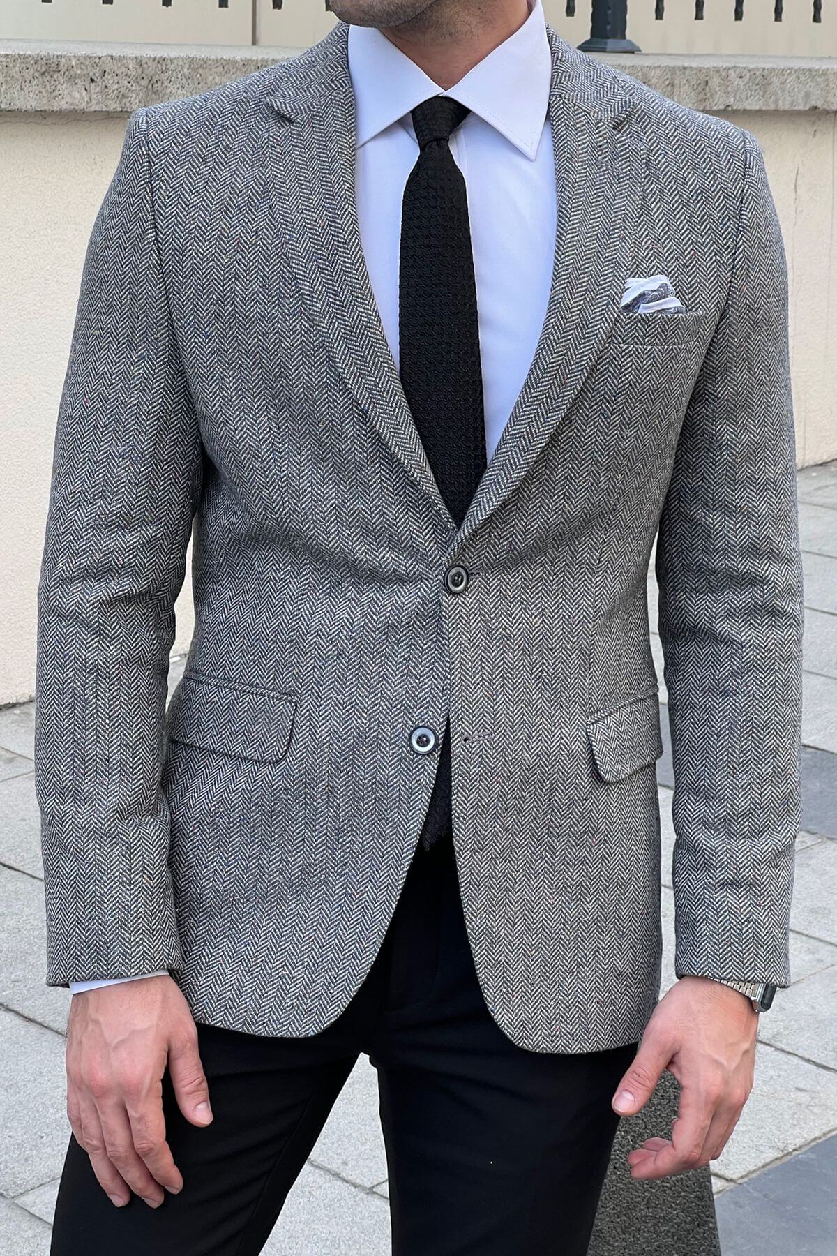 Men's Gray Slim-Fit Wool Herringbone Blazer