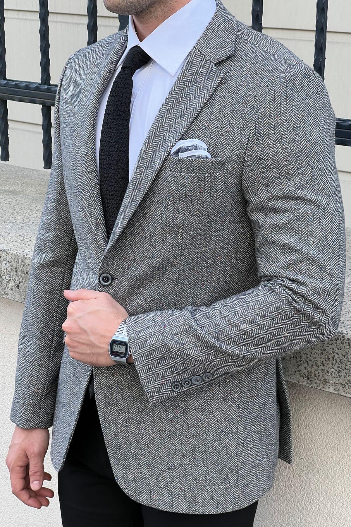 Men's Gray Slim-Fit Wool Herringbone Blazer