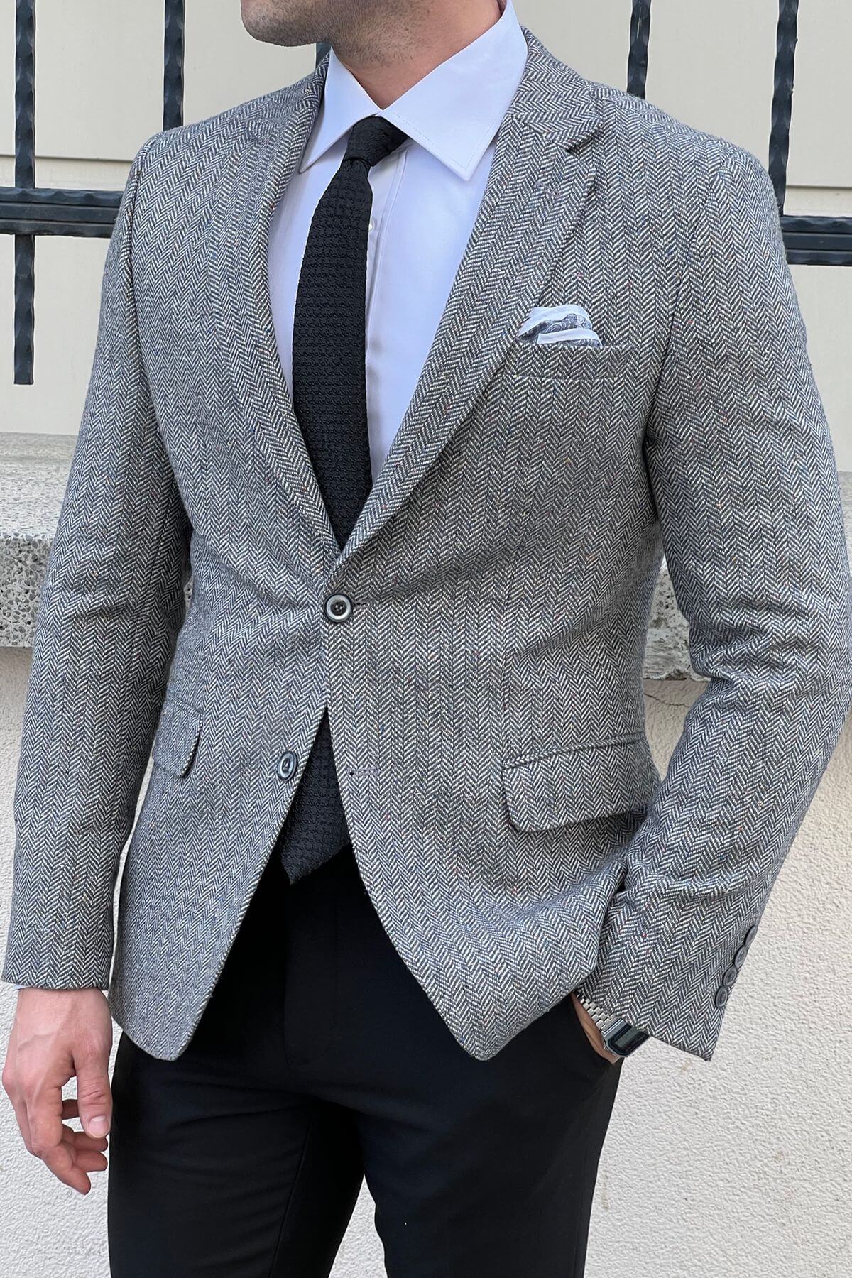 Men's Gray Slim-Fit Wool Herringbone Blazer