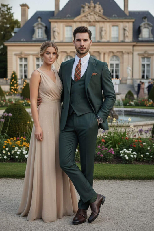 Man in a green suit and woman in a beige dress standing in front of a classical building with gardens.